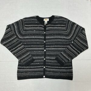 Talbots Vintage Cardigan Sweater L Striped Beaded Lambswool Angora Grandmacore